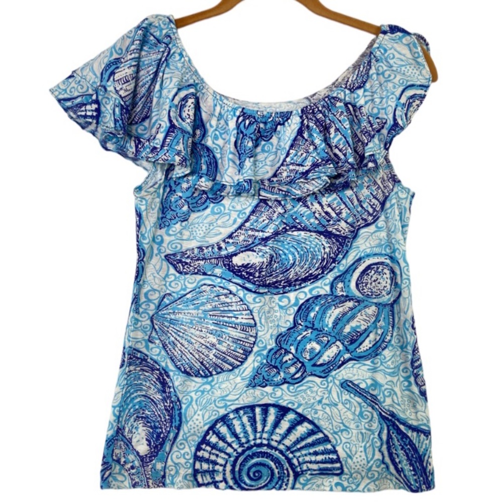 Lilly Pulitzer Women Wynne Top Ruffle Sleeveless Blue Multi shell. Size small